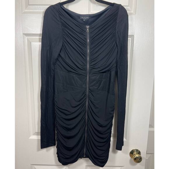 Rag & Bone Front Ruched Zipper Long Sleeve Black Mini Dress Women's 6 Cocktail - Picture 1 of 7